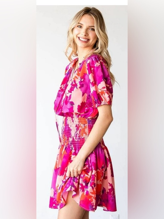 First Love Dresses & Skirts - Boutique Vibrant Pink & Coral Floral Smocked Waist Dress by FIRST❤️ LOVE BRB SL4